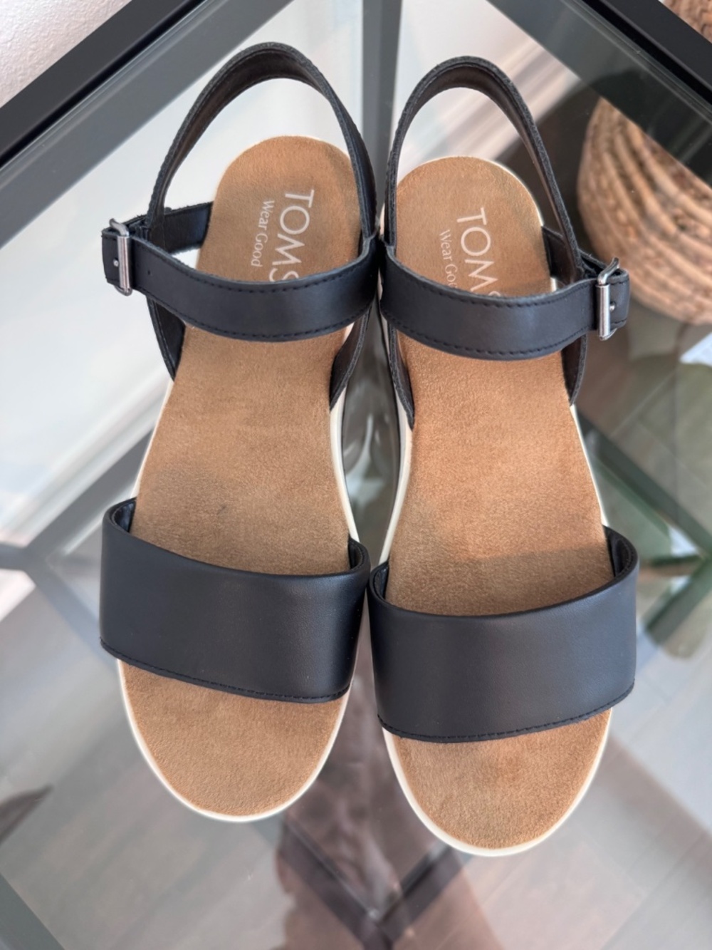TOMS Women’s Brynn Vetiver Leather Platform Black Sandals Size 6 - Picture 5 of 16